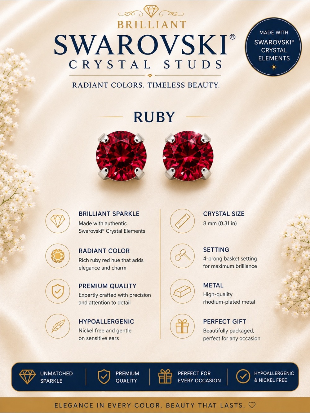 Ruby Red Crystal Stud Earrings - Round Solitaire